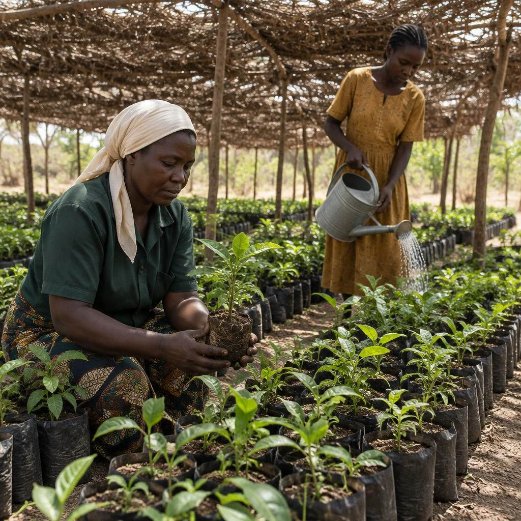 Agronome et jeune femme s’occupant des plants d’une pépinière communautaire