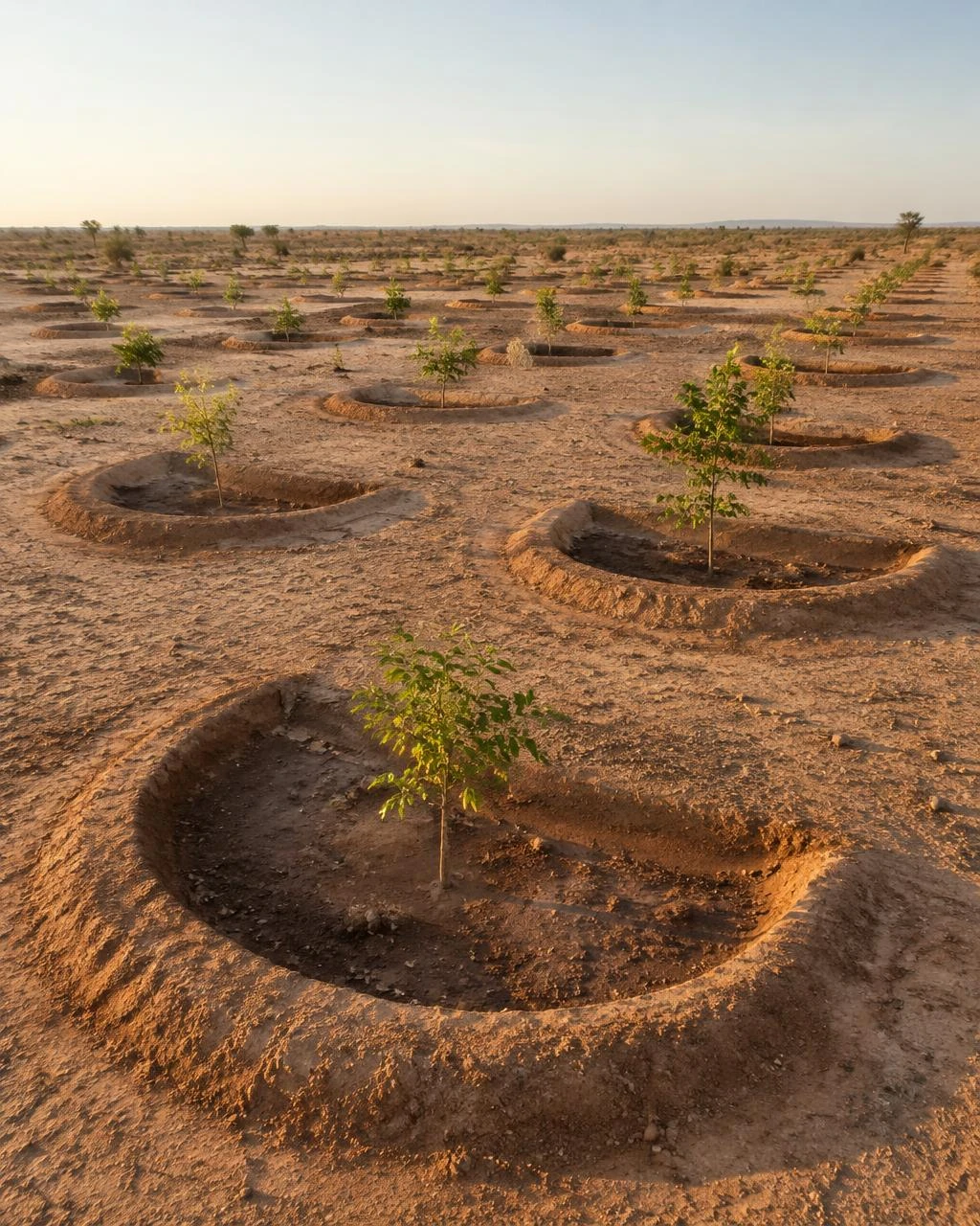 Paysage sahélien en restauration avec des demi-lunes plantées de jeunes arbres